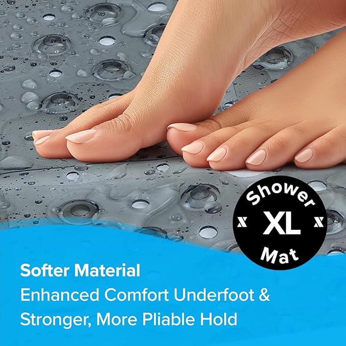 SlipX Solutions 27" Oversize Square Shower Mat, Non-Slip Mat for Elderly & Kids, 100+ Power Grip Suction Cups for Smooth Surfaces, Machine Washable, Translucent Gray