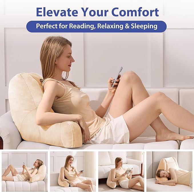 Reading Pillows for Sitting in Bed Adult, Back Pillow for Bed Sitting Up, Backrest Pillows with Shredded Foam for Adult&Teens, Support Pillow with Arms for Beds, Couch, Floor, 18in, Beige