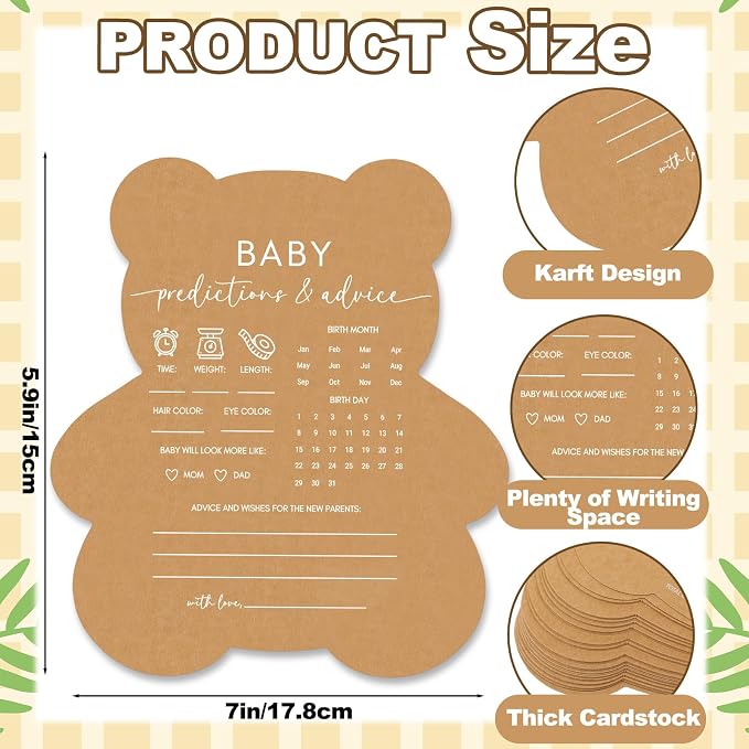 50 Pcs Bear Baby Shower Games Predictions and Advice Cards Game for New Parents Girl or Boy Funny Baby Shower Games Fun Gender Neutral Activity Kraft Paper Cards