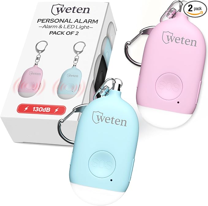 Weten Rechargeable Personal Alarm Keychain - 130dB Siren & LED Light - 2 Pack Personal Safety Alert for Women to Carry - Panic Button Alarm for Security - Rape Whistle for Self Defense (Pink&Blue)