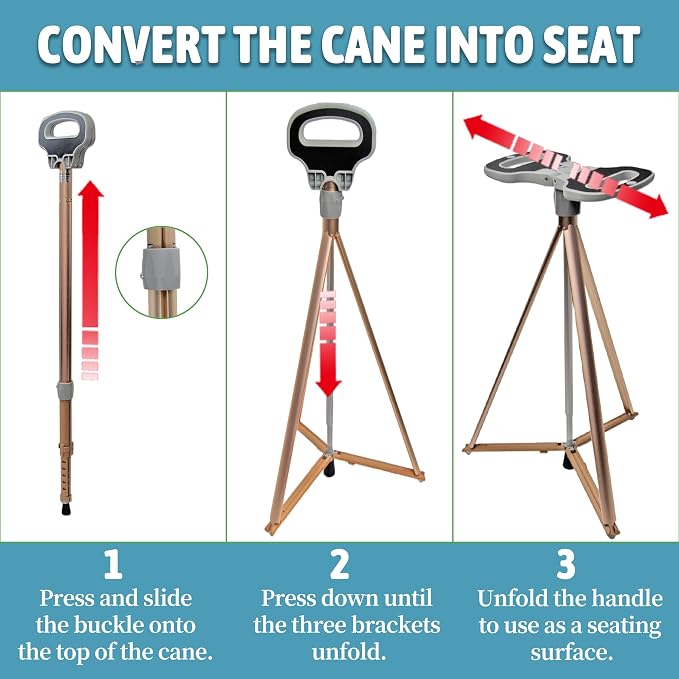 ALEVMOOM Walking Cane with Seat Folding Lightweight, 2-in-1 Cane Stool for Adults, Aluminum Walking Stick with Seat, Stick Chair Portable Stool for Senior