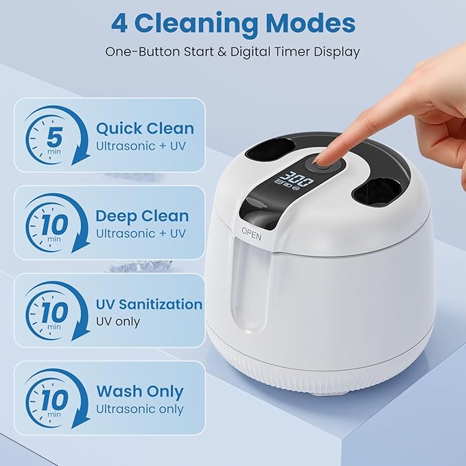 Ultrasonic Retainer Cleaner Machine, 48kHz Rechargeable Cordless Denture Cleaner with 4000mAh Battery, 200ML Dental Cleaning Pod for Dentures, Mouth Guards, Aligner, Night Guard, Jewelry White
