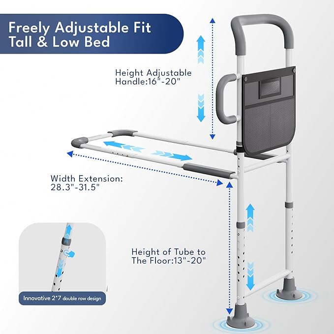 HOMEAL Bed Rails for Elderly Adults Safety, ASTM Approved Adjustable Bedside Assist Rail for Seniors with Sensor Light, Non-Slip Ergonomic Handle & Support Bar, 350lb Tested, Fixing Strap (Grey)