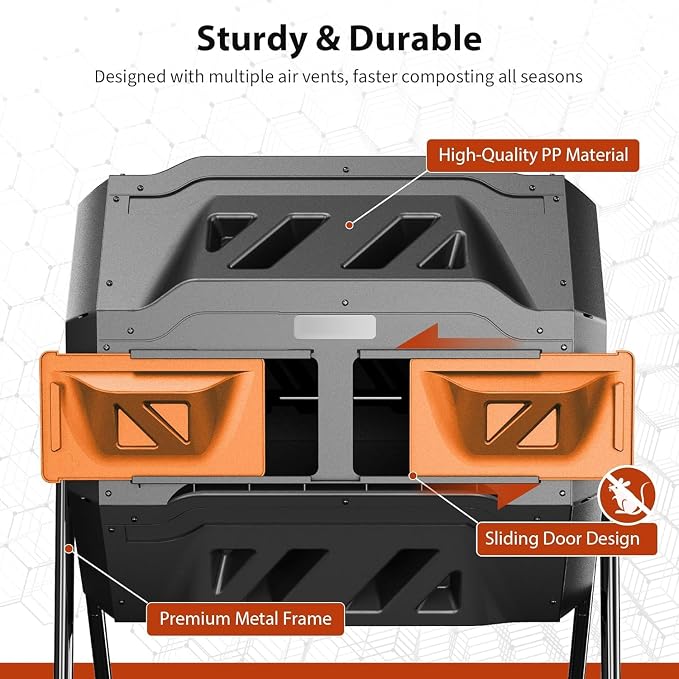 Compost Bin, 43-Gal Dual Chamber Composter Tumbler, Black Orange | Steel Frame with 2 Sliding Door and Aeration System, 360° Rotating, Tumbling Composting Bin for Kitchen, Garden, Yard