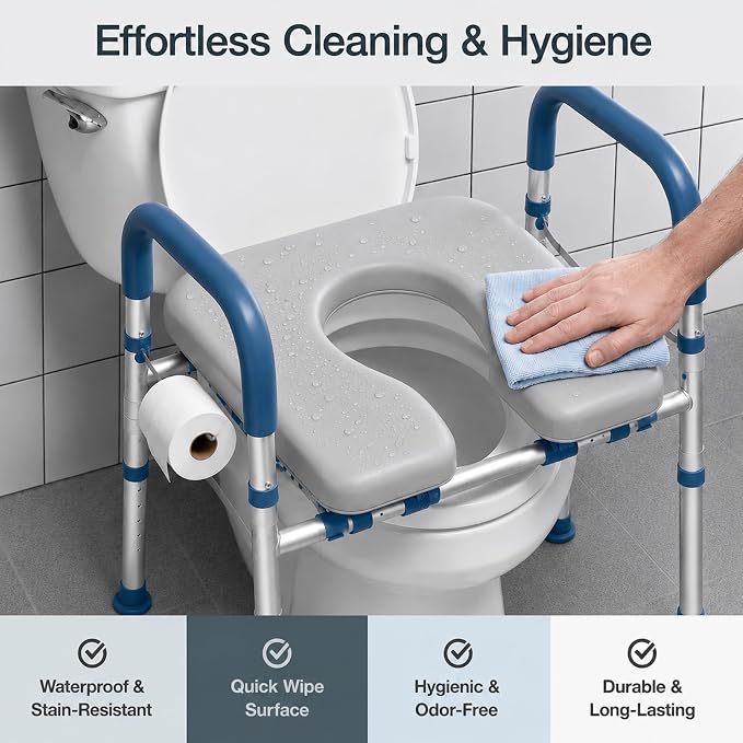 Raised Toilet Seat with Handles, Blue | Adjustable Height & Width, 400lbs Capacity, Padded, For Seniors, Disabled, Post-Surgery, Fits Most Toilets