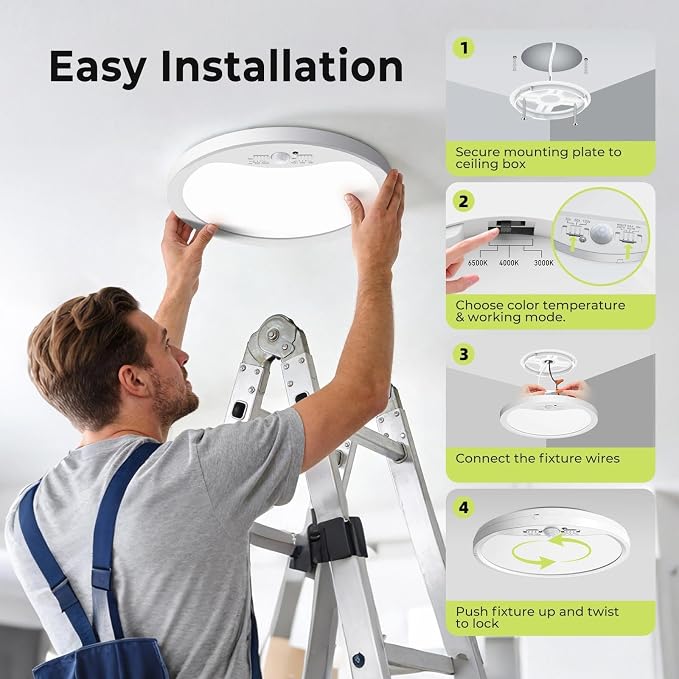 hepside 4 Pack Motion Sensor Ceiling Light Wired, 3000K/4000K/6500K LED Flush Mount Ceiling Light Fixture, 12Inch 24W Motion Sensor Light with Timer for Closet Stair Porch Hallway Pantry,White