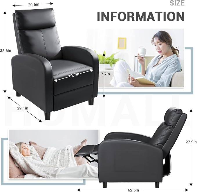 Homall Recliner Chair, Recliner Sofa PU Leather for Adults, Black Recliners | Home Theater Seating with Lumbar Support, Reclining Sofa Chair for Living Room