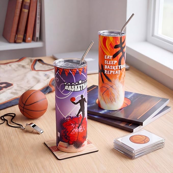Geiserailie 2 Pack Basketball Tumbler Cups Gifts 20 oz Insulated Stainless Steel Sports Travel Mug with Lids Straws for Christmas Father's Day Men Dad Basketball Lovers Fans