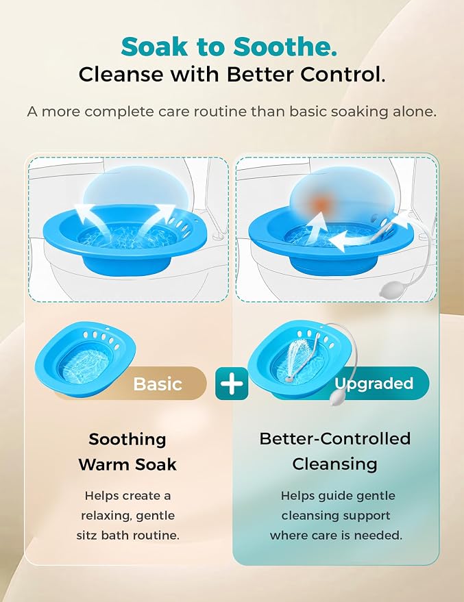 Pochik Sitz Bath for Toilet Seat Hemorrhoids and Postpartum Care, Yoni Steam Seat, Perineal Soaking, Collapsible, Flusher Hose, Drain Holes, Wider Seating Area - Navy