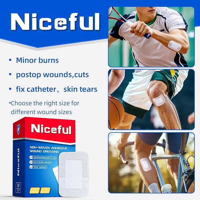 Niceful 50Pcs Adhesive Gauze Bandages 2"x3", Water-Resistant Wound Island Dressing, Sterile & Absorbent Medical Grade Dressing Pad First Aid Dressing Pads