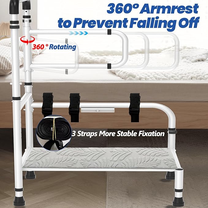 Bed Step Stool for Elderly/High Bed, 360 ° Anti Fall Armrest，Support 800 lbs, 8-Level Adjustable Height, Storage Bag, Memory Sponge Carpet, USB Light, 3 4m Fixed Strap, for Bed Height Below 40″