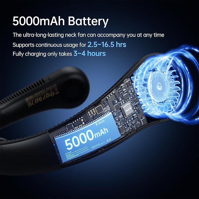 JISULIFE Portable Neck Fan Upgraded: Neckbrace Hands-Free, 5-Speed 5000 mAh | 16.5H Max Runtime, Personal Wearable Bladeless Rechargeable Fan for Outdoor/Travel/Concerts, Gifts for Women Men - Black