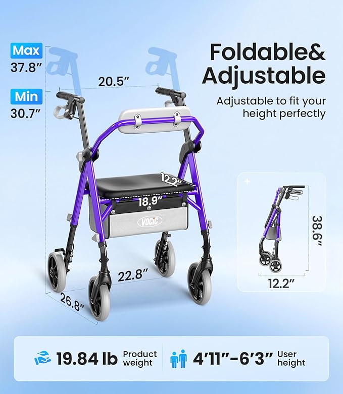 VOCIC Z11 Rollator Walker for Seniors with Seat, 380 LBS | Lightweight Design with Ergo Seat & Backrest, Height Adjustable & Easily Foldable for Seniors' Mobility, Blue