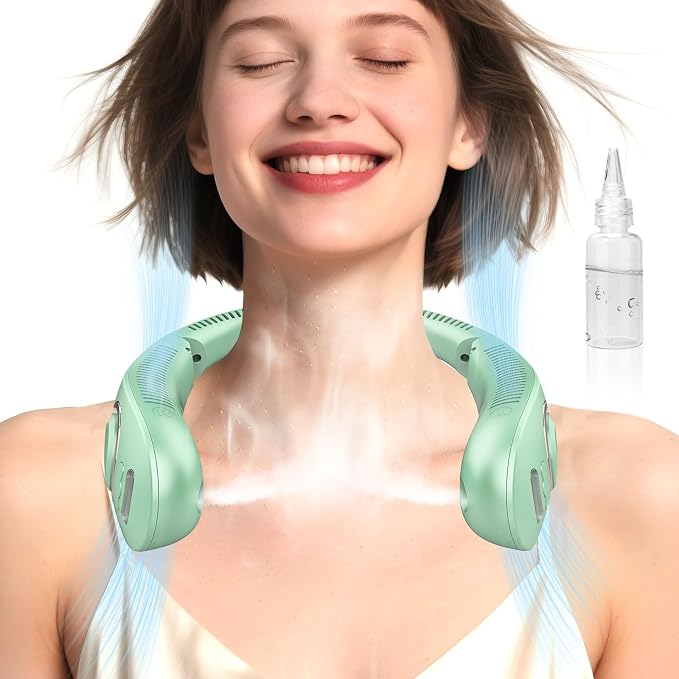 Neck Fan that Blows Cold Air with Water Mist, Portable USB Rechargeable Neck Cooler, Collapsible Ventilador de Agua de Aire Frio, Bladless Wearable Hand-Free AC Unit for Outdoor Travel Sports, Green
