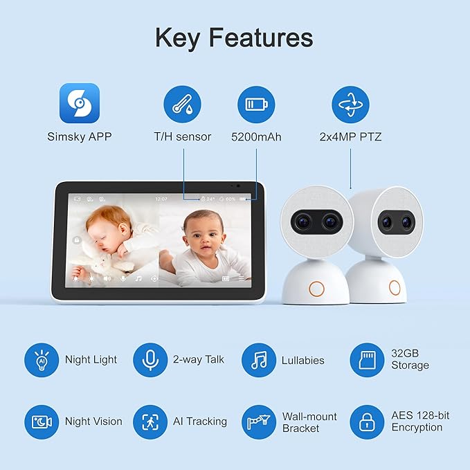 Simsky Split Screen Video Baby Monitor with 2 Cameras, Dual 4MP Cameras with 6X Zoom, 7" UHD Touch Screen Portable Audio Baby Monitor, App Remote Access, 5200mAh Battery, 32GB Local Storage