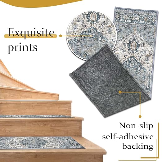 8”x 30” Carpet Stair, Anti-Slip Carpet Treads for Wooden Steps, Self-Adhesive Decorative Stair Runners, Slip-Resistant Treads for Indoor Wooden Staircases (1, Blue, 30X30 inch)