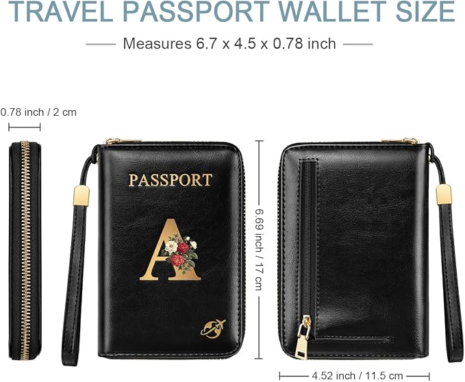Passport Holder for Travel Personalized Wallet with Wristlet Women | Passport Cover, RFID Blocking, Passport Book Holders, Back Coin Pocket, Zipper Closure, Roses Initial Letter, Black A