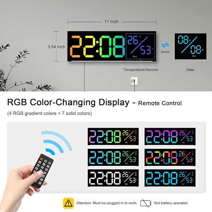 JoFomp 12" RGB Color LED Digital Wall Clock with Remote Control, Seconds Display, Plug-in Digital Alarm Clock with Auto Brightness, DST, Temp, Digital Clock for Living Room, Bedroom, Classroom, Office