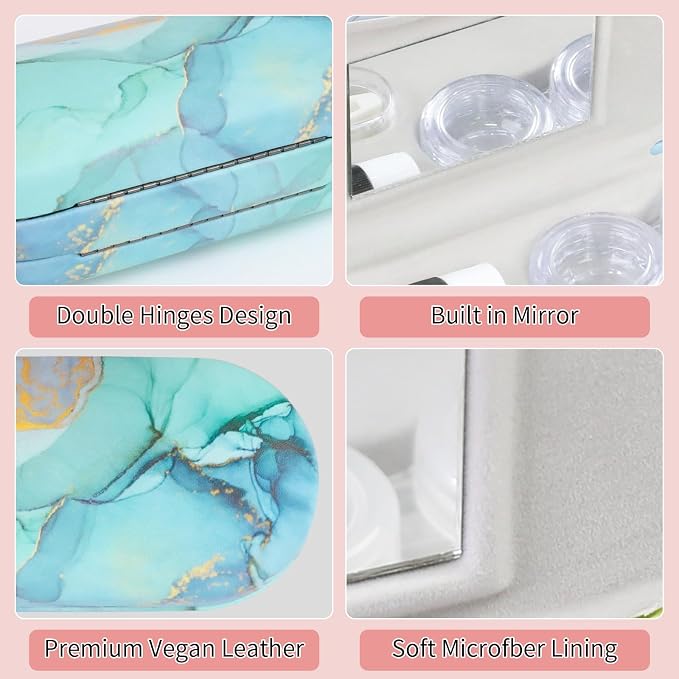 2 in 1 Contact Lens Case and Eyeglasses Case for Women Men Kids, Double Sided Hard Shell Portable Glasses Travel Holder with Built-in Mirror, Contact Lens Box (Green Marble)