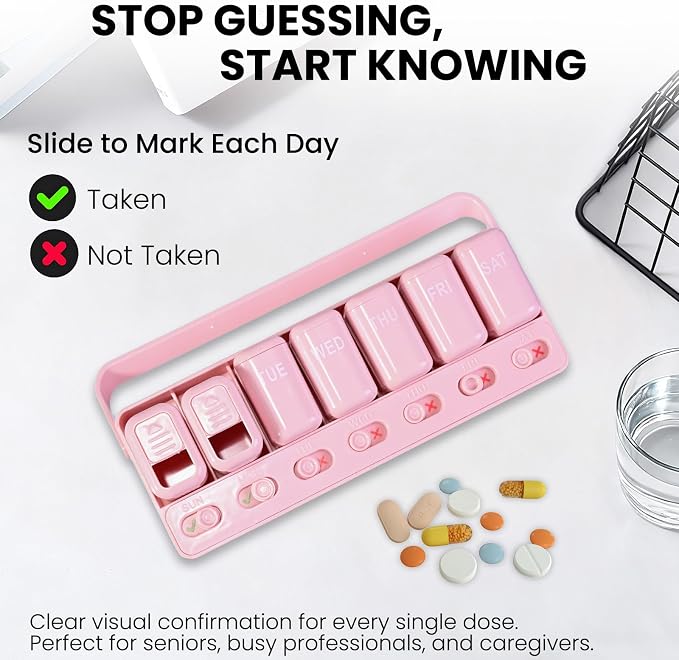 Weekly Pill Organizer with Taken/Untaken Tracker, 7 Day Daily Pill Box for Vitamins Medication Supplements, Large Compartments, Easy Open Leak-Proof Portable Travel Pill Container, BPA Free,Pink