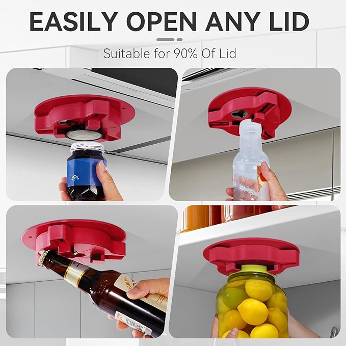 Jar Opener Bottle Opener for Seniors with Arthritis - Under Cabinet Jar Opener for Weak Hands, Rotary Lid Opener, Easy Twist-Off Lids for Jars & Bottles, Original Kitchen Gadgets (Red)