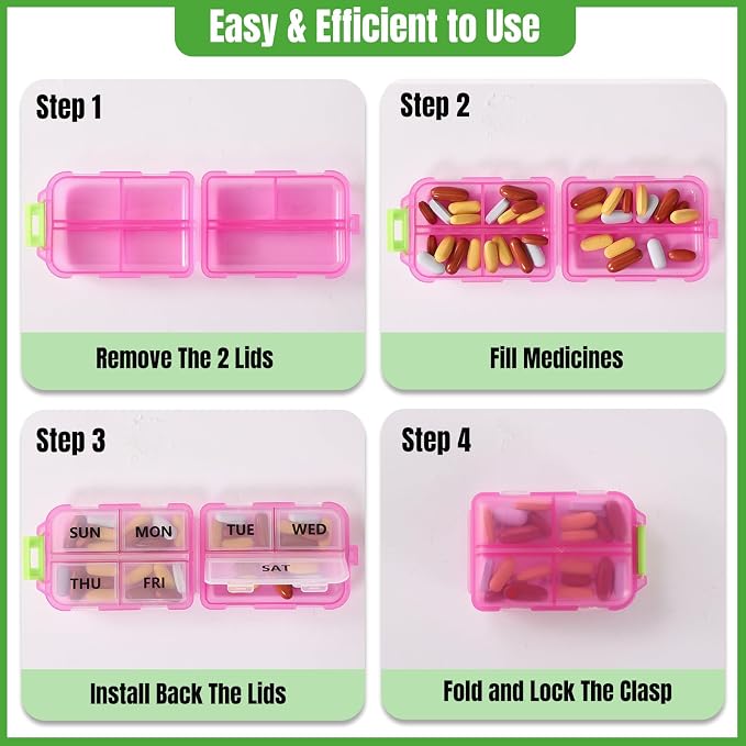 7 Day Compact Pill Organizer, Foldable Portable Travel Pill Box with Double Protection, Daily Small Pill Case Dispenser for Medication, Vitamins, Supplements (Clear Pink)