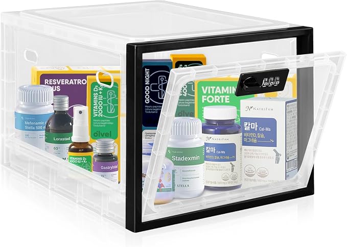 Medication Lock Box with Code, 12.6L Large Lockable Storage Box for Medicine, Snacks, Phone, and Electronics - BPA-Free, Clear Design with Charger Holes for Home, Office, Dorm, and Fridge