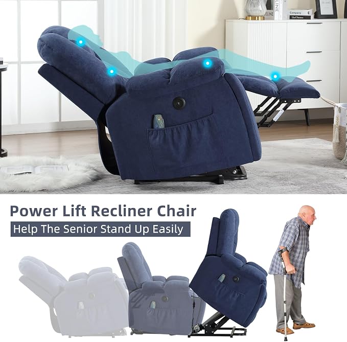 Power Lift Recliner Chair with Massage and Heat for Elderly, Overstuffed Wide Recliners, Heavy Duty and Safety Motion Reclining Mechanism with USB Ports, 2 Concealed Cup Holders, Navy Blue