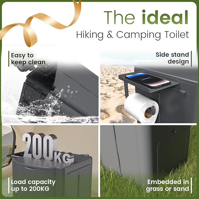 Portable Camping Toilet Kit for Adults, Upgrade Travel Potty Seat with Lid Removable Paper Holder and Absorbent Gel, for Camping, Hiking, Truck, RV Toilet, Beach