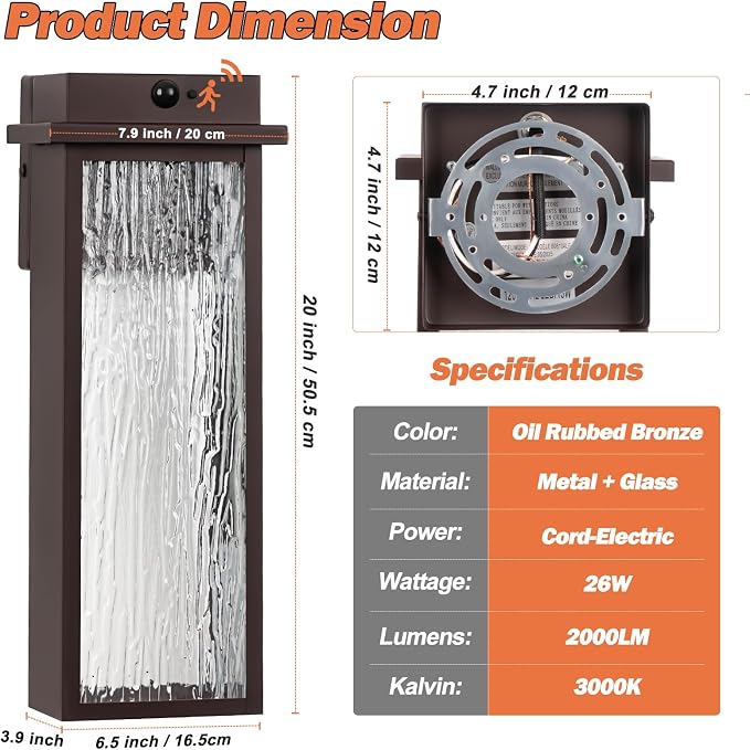 VenzBlomia 20” Large Brown Motion Sensor Dusk to Dawn Outdoor Wall Sconces | 2 Pack Oil Rubbed Bronze Outdoor Wall Lights with Water Ripple Glass, Weather Resistant Modern Elegance, Soft Warm Glow