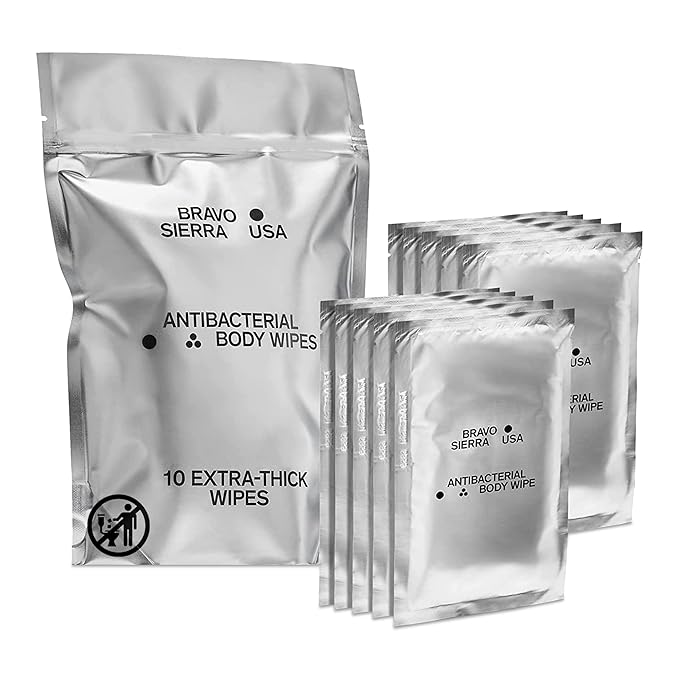 Bravo Sierra Body Wipes - 10 Individually Wrapped Extra Thick Biodegradable Shower Wipes With Benzalkonium Chloride & Aloe Vera for Adults, Men and Women - No Rinse Bathing Camping & Travel