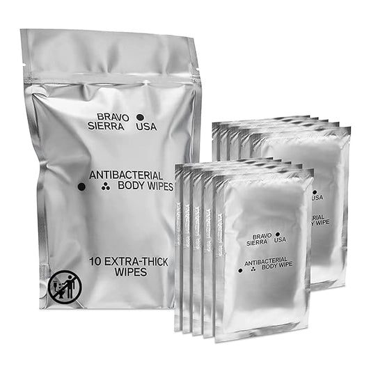 Bravo Sierra Body Wipes - 10 Individually Wrapped Extra Thick Biodegradable Shower Wipes With Benzalkonium Chloride & Aloe Vera for Adults, Men and Women - No Rinse Bathing Camping & Travel