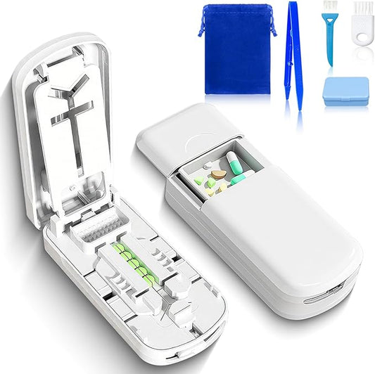 Pill Cutter - 1/2,1/3 &1/4 Pill Splitter with Storage Bag and Tweezers,for Small Tiny Large Pills | Hidden Blade & Sealed Storage | Adjustable & Cuts Multiple Tablets | Includes Cleaning Brush