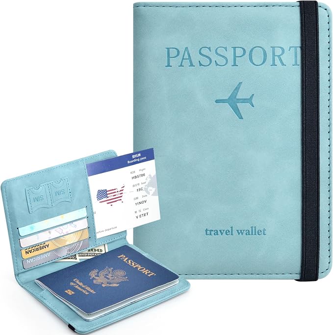 Passport Holder, Passport Cover with Credit Card Slot and Boarding Pass Slot Combo, Passport Wallet Case Book Travel Must Have, RFID Blocking Leather Travel Accessories, Sky Blue