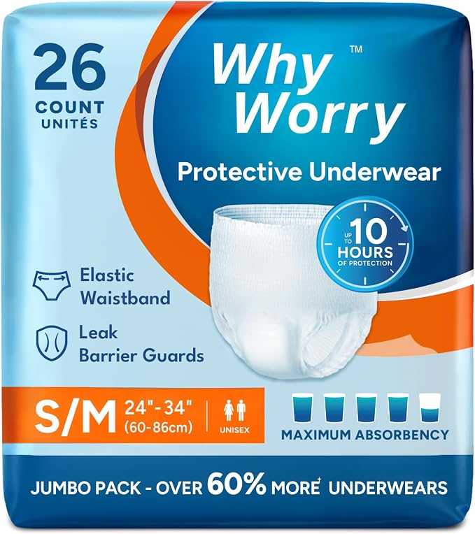 WhyWorry Incontinence Underwear for Women & Men, Small/Medium, 26 Count | Disposable Adult Pull Ups with Maximum Absorbency, Leakproof Adult Diaper Pants, Overnight Protection, Odor Control, Unisex