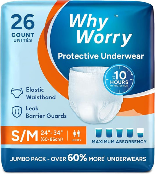 WhyWorry Incontinence Underwear for Women & Men, Small/Medium, 26 Count | Disposable Adult Pull Ups with Maximum Absorbency, Leakproof Adult Diaper Pants, Overnight Protection, Odor Control, Unisex