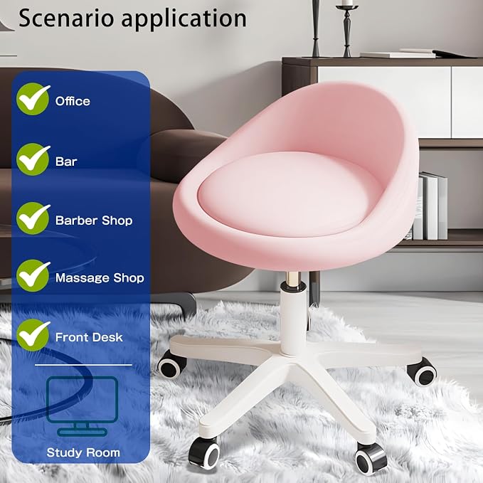 Rolling Stool – Ergonomic Swivel Seat, Adjustable Height, Ultra-Quiet Wheels, Padded PU Leather Cushion, for Salon, Office, Massage & Medical Use Pink 1