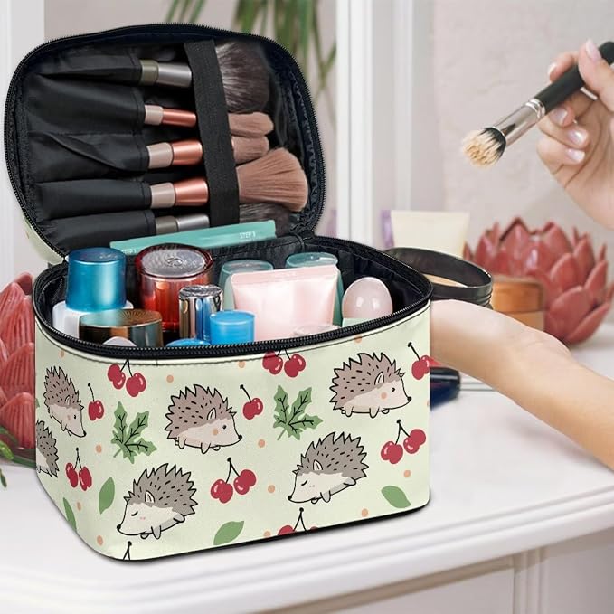 Hedgehogs Large Cosmetic Bag for Women Travel Makeup Bag Handle, Cartoon Animals Portable Toiletries Bag Brush Bags for Traveling, Light Green