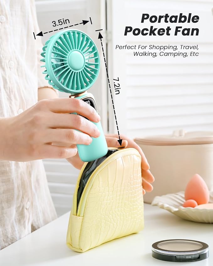 coldSky Portable Handheld Fan, 4000mAh Battery Operated Fan with LED Display, Handheld/Neck/Desk 3 in 1 Personal Small Fans, 90° Foldable Desk Fan with Base, 5 Speed Makeup Lash Fan for Women Green