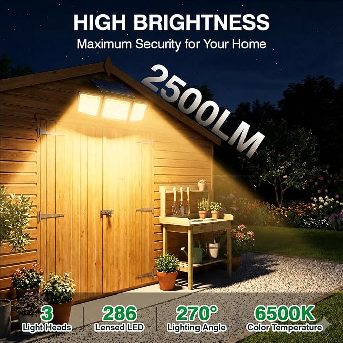 Solar Outdoor Lights Motion Sensor, 2500LM 286 LED Security Flood Lights with Visual Battery & Mode Display, 3 Lighting Modes, IP65 Waterproof 3-Head Wide Angle for Garage, Yard, Patio (2P Warm White)