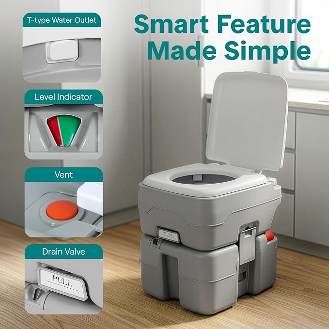 SereneLife 5.2 Gal Portable Camping Toilet For Adults, 100+ Flushes, Porta Potty Camp Toilet with Detachable Waste Tank, Level Indicator, Carry Bag, Suitable for Camping, Hiking, and Boating