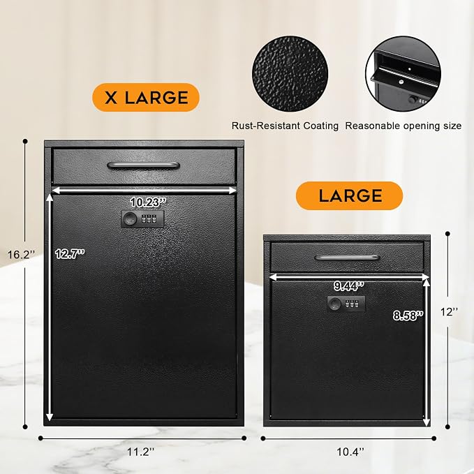 xydled Wall Mount Mailboxes with Combination Lock, Wall Mail Box for Outside, Locking Mailbox with Lock, Hanging Secured Postbox, Security Key Drop Box, 17.6H x 12.2L x 5.7W Inches, Black, XL Large