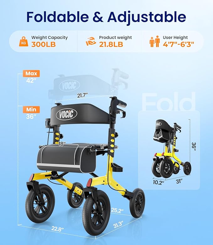 VOCIC Walker with Seat for Seniors, Z57 Outdoor Rollator Walker with 12" All Terrain Big Wheels, 7-Level Adjustable Height Rolling Walker with Safety Brakes, Storage Bag, Cup Holder