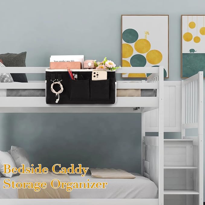 Bedside Caddy Bedside Storage Bag for Headboards/Bunk Bed | Hanging Bed Caddy with Hooks fits Bunk bed Hospital Beds Dorm Bed Rails, Essentials for Phones, Books, Remotes, Water Bottles