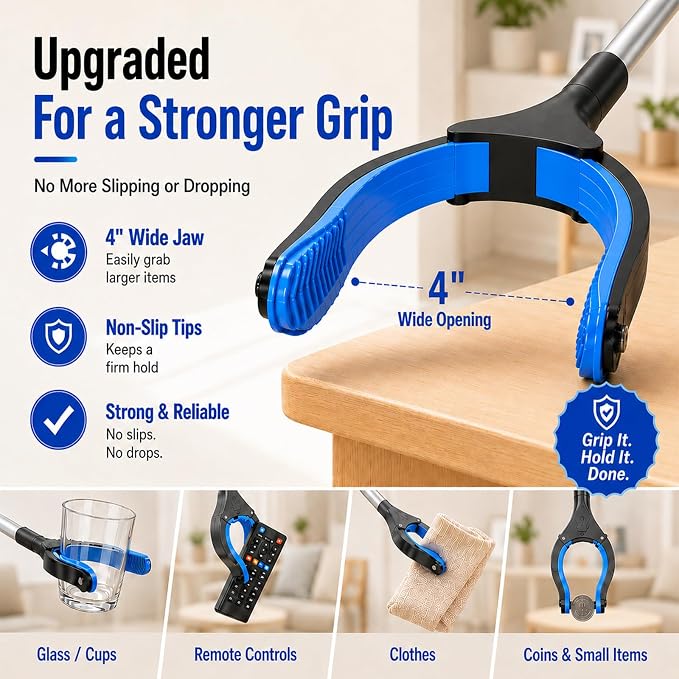 36" Grabber Reacher Tool, Reacher Grabber Pickup Tool with 4" Wide Anti-Slip Jaw, Rotating Head and Magnetic Tip, Grabbers for Seniors, Post-Surgery Use Heavy Duty, Blue