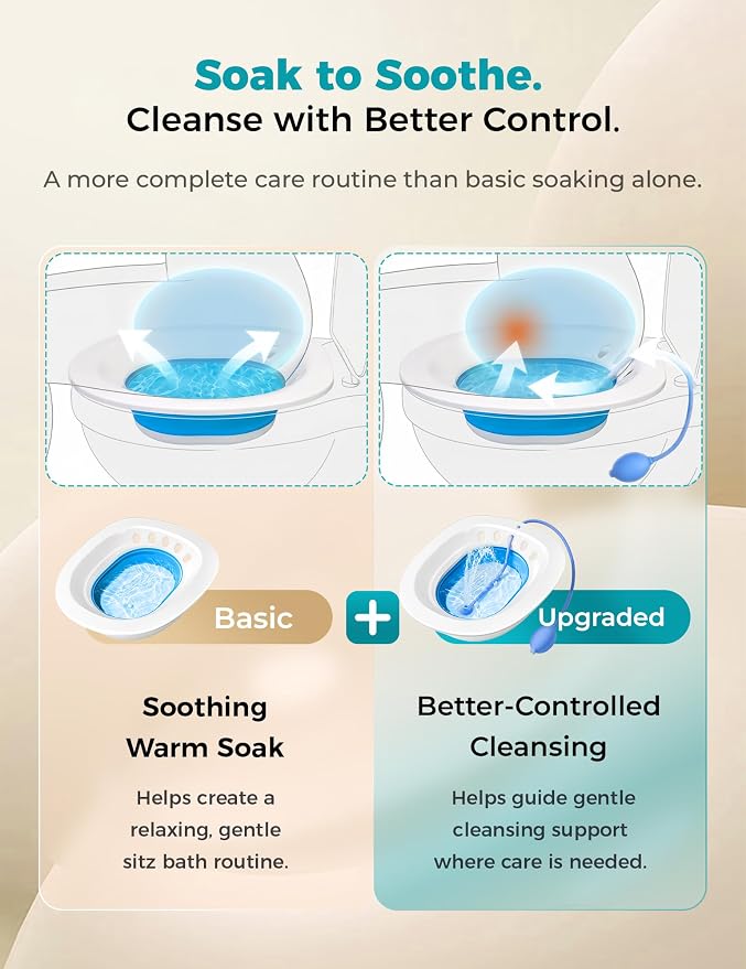 Pochik Sitz Bath for Toilet Seat Hemorrhoids and Postpartum Care, Yoni Steam Seat, Perineal Soaking, Collapsible, Flusher Hose, Drain Holes, Wider Seating Area - Blue