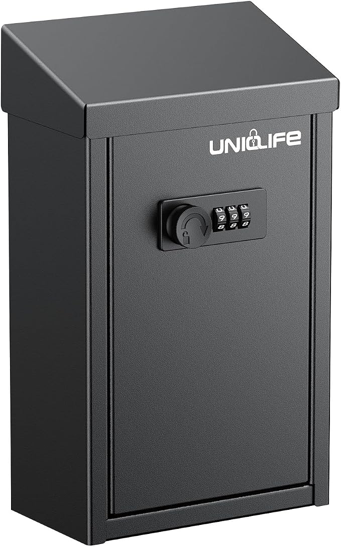 Uniclife Cash Box with Combination Lock, Wall Mounted Mailbox for Outside | Black Code Lock Box, Metal Donation Box with Top Slot, Suggestion Box for Office and Business