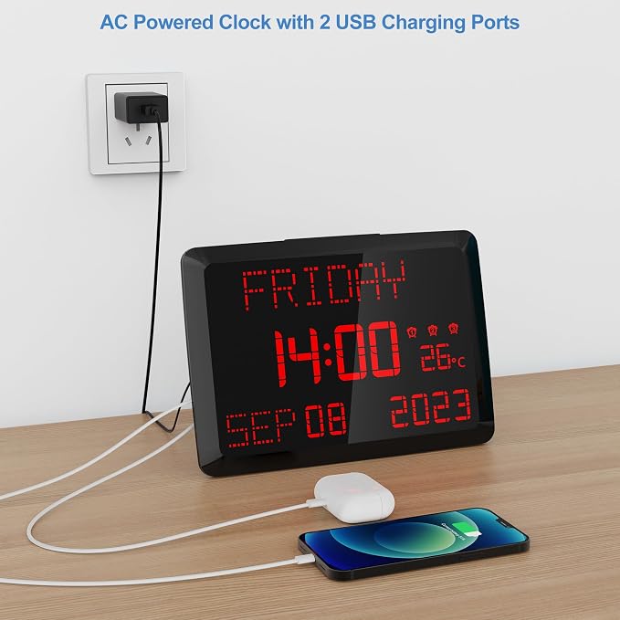Raynic Digital Clock, 11.5" Large Display Digital Calendar Clock with Day and Date, Indoor Temperature, Adjustable Brightness, Snooze,12/24H, DST for Home, Office, Elderly