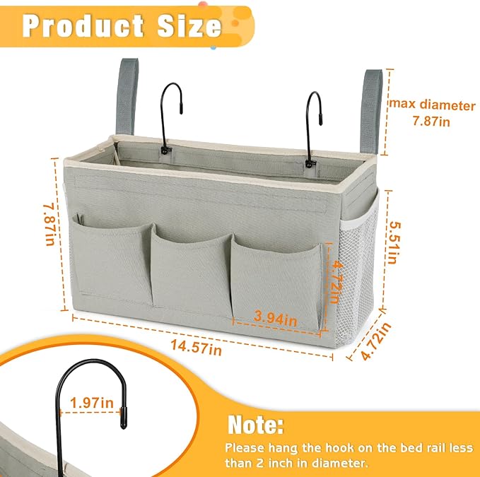 Lilithye Bedside Caddy, Bedside Storage Bag Hanging Organizer for Bunk Bed | Bed Caddy with Fixed Straps and Water Bottle Holder for Home, College Dorm, Bunk Bed, Hospital Bed and Crib Bed Rails
