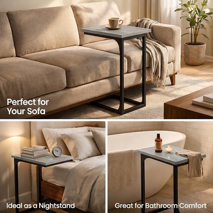 TEMI C Shaped End Table for Couch - Small Side Table and TV Tray for Eating or Laptop, Accent Desk for Chair or Sofa, Easy Assembly, Space-Saving Design for Living Room or Bedroom,Greige